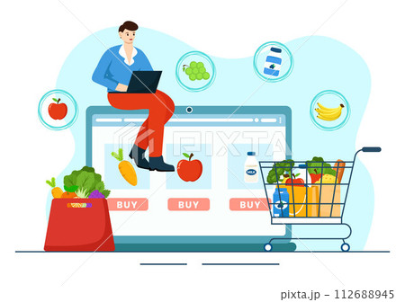 Online Grocery Store Vector Illustration with Food Product Shelves, Racks Dairy, Fruits and Drinks for Shopping Order via Telephone in Background Online Grocery Store Vector Illustration with Food Product Shelves, Racks Dairy, Fruits and Drinks for Shopping Order via Telephone in Background 112688945