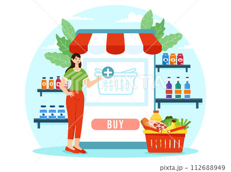 Online Grocery Store Vector Illustration with Food Product Shelves, Racks Dairy, Fruits and Drinks for Shopping Order via Telephone in Background 112688949