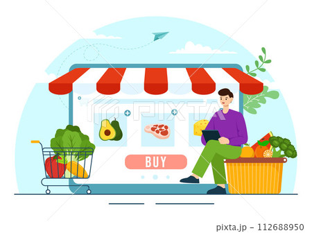 Online Grocery Store Vector Illustration with Food Product Shelves, Racks Dairy, Fruits and Drinks for Shopping Order via Telephone in Background 112688950