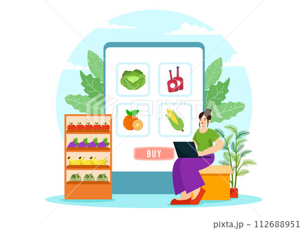 Online Grocery Store Vector Illustration with Food Product Shelves, Racks Dairy, Fruits and Drinks for Shopping Order via Telephone in Background 112688951