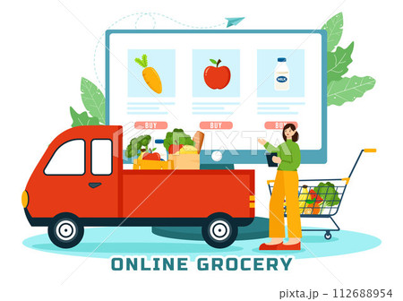 Online Grocery Store Vector Illustration with Food Product Shelves, Racks Dairy, Fruits and Drinks for Shopping Order via Telephone in Background Online Grocery Store Vector Illustration with Food Product Shelves, Racks Dairy, Fruits and Drinks for Shopping Order via Telephone in Background 112688954