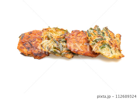Pajeon or Korean pancake and Korean Kimchi pancake or Kimchijeon on white background Pajeon or Korean pancake and Korean Kimchi pancake or Kimchijeon on white background 112689324