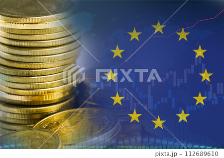 Stock market investment trading financial, coin and EU flag or Forex for analyze profit finance business trend data background. 112689610
