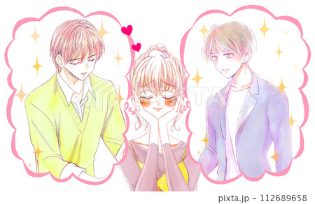 2人の男性を想ってうっとり顔の女性 2人の男性を想ってうっとり顔の女性 112689658