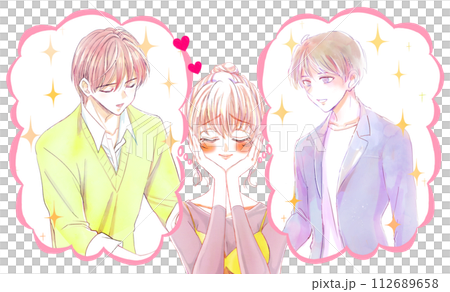 2人の男性を想ってうっとり顔の女性 2人の男性を想ってうっとり顔の女性 112689658