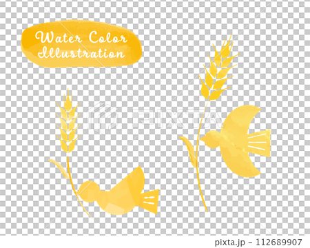 Illustration set of small birds pecking wheat 112689907