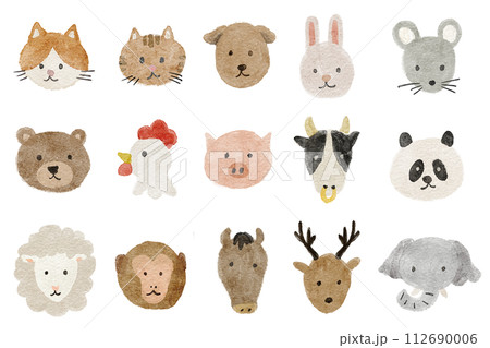 かわいい動物の顔の水彩画イラストセット 水彩アイコン かわいい動物の顔の水彩画イラストセット 水彩アイコン 112690006