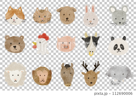 可愛的動物臉水彩插圖集水彩圖標 112690006