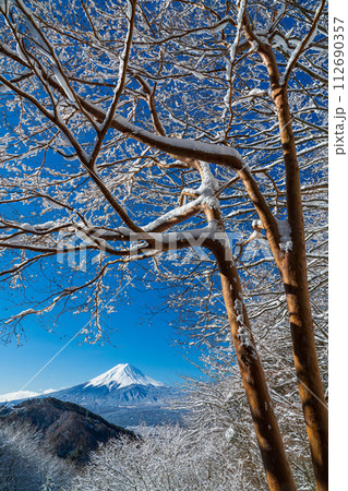雪景色の御坂峠からの冠雪した富士山と樹氷 112690357