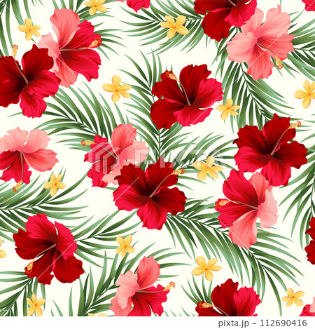 アロハシャツに最適なハイビスカスのテキスタイル図案, 112690416