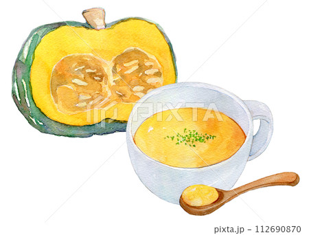 水彩イラスト パンプキンポタージュスープ 水彩イラスト パンプキンポタージュスープ 112690870