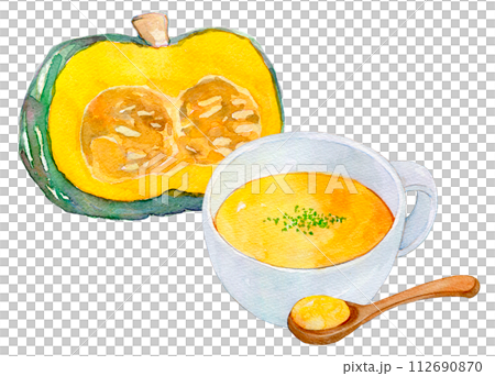 水彩イラスト パンプキンポタージュスープ 水彩イラスト パンプキンポタージュスープ 112690870