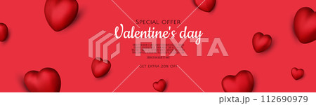 banner with 3d red heart. Holiday banner, web poster, flyer, stylish brochure, greeting card, cover. 112690979
