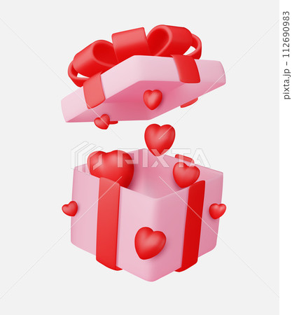 Valentine's day design. Realistic gifts boxes. Open gift box full of decorative festive object. Holiday banner, web poster, flyer, stylish brochure, greeting card, cover. Romantic background 112690983