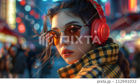 Fashionable coat with a checkered pattern and vibrant red headphones, Generative AI Fashionable coat with a checkered pattern and vibrant red headphones, Generative AI 112691032