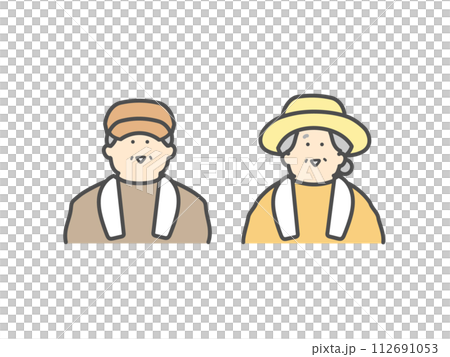 A smiling elderly couple working at a farm A smiling elderly couple working at a farm 112691053