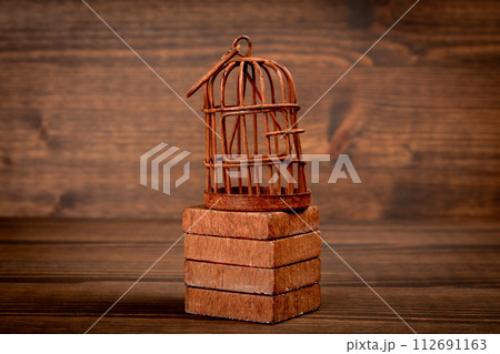 Rusty bird cage on wood texture background. Captivity, prison and the concept of repression 112691163