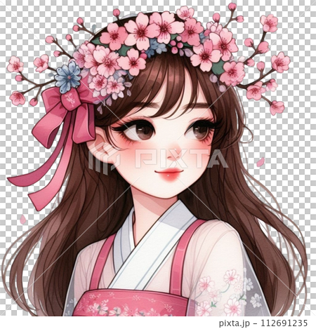 cute woman wearing a flower crown clipart watercolor  112691235