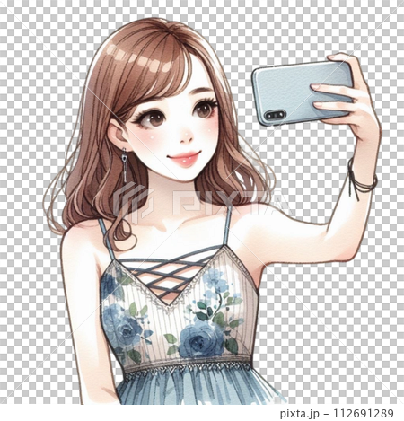 cute woman Take a selfie clipart watercolor  112691289