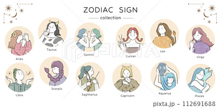 手書きタッチの12星座の女の子（丸枠） 112691688