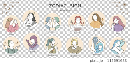 手書きタッチの12星座の女の子（丸枠） 112691688