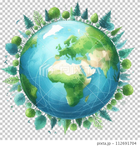 The globe is surrounded by trees clipart watercolor 112691704