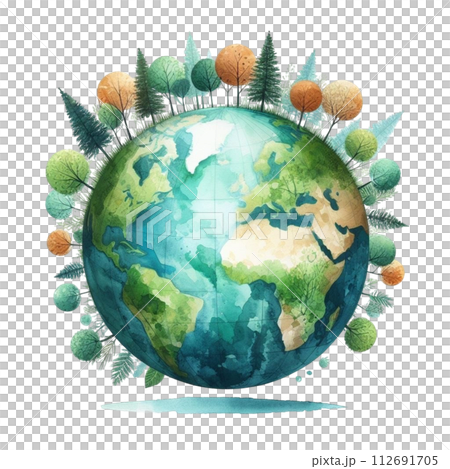 The globe is surrounded by trees clipart watercolor 112691705