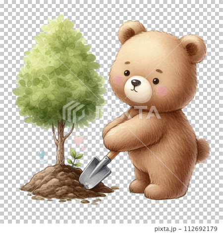 Bear planting trees clipart watercolor 112692179
