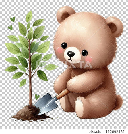 Bear planting trees clipart watercolor 112692181