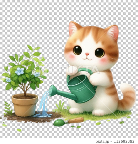 cat planting trees clipart watercolor 112692382