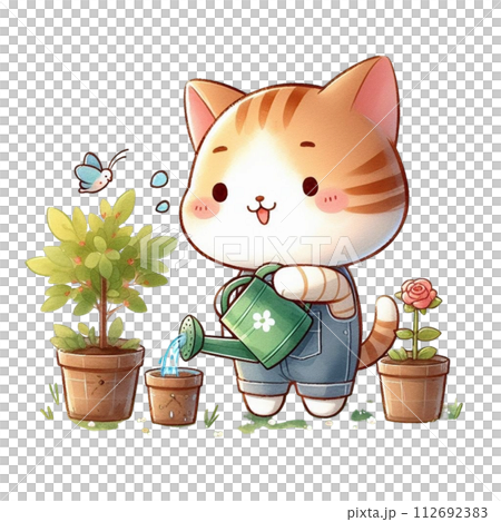 cat planting trees clipart watercolor 112692383