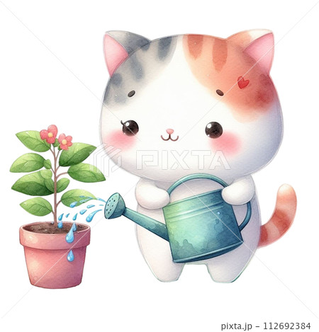 cat planting trees clipart watercolor 112692384