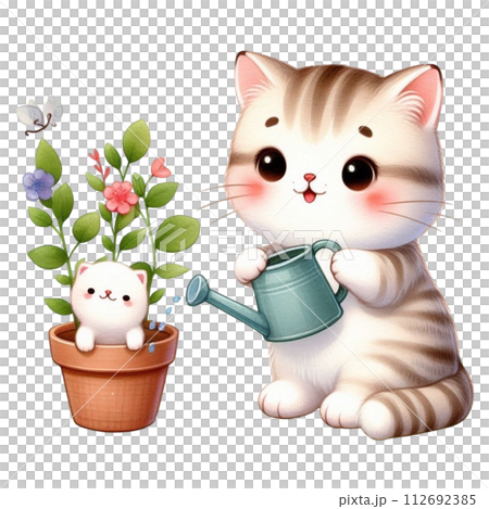cat planting trees clipart watercolor 112692385