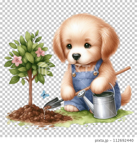 dog planting trees clipart watercolor 112692440