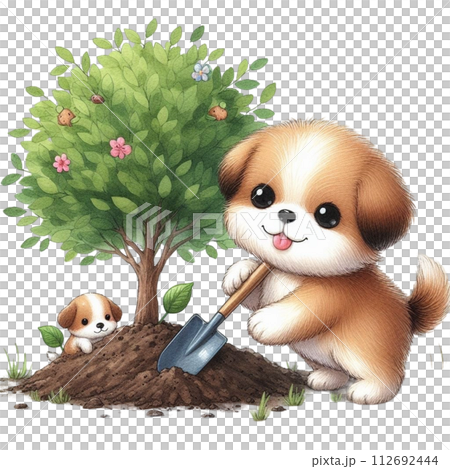 dog planting trees clipart watercolor 112692444