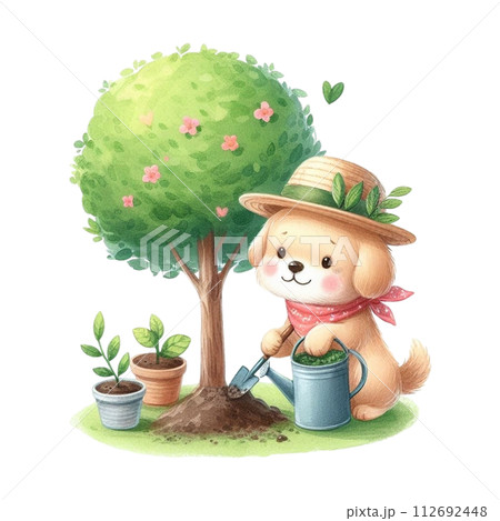 dog planting trees clipart watercolor 112692448