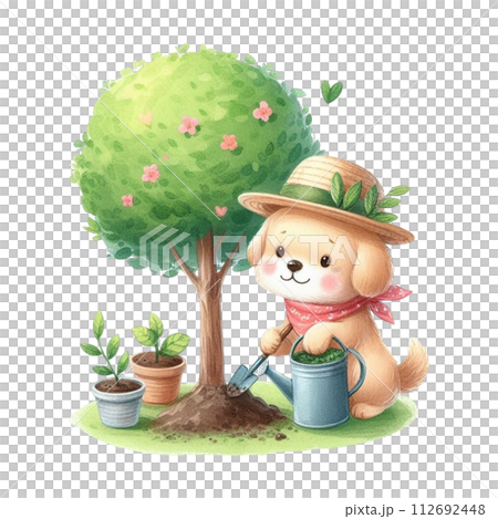 dog planting trees clipart watercolor 112692448