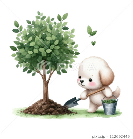 dog planting trees clipart watercolor 112692449