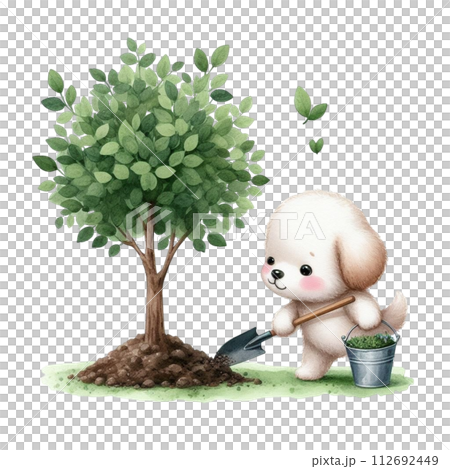 dog planting trees clipart watercolor 112692449