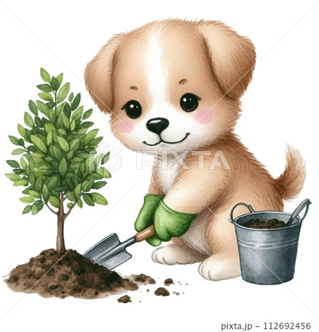 dog planting trees clipart watercolor 112692456