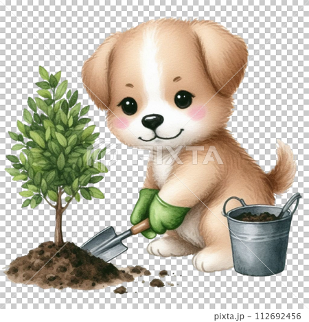 dog planting trees clipart watercolor 112692456