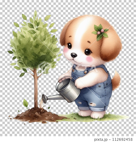 dog planting trees clipart watercolor 112692458