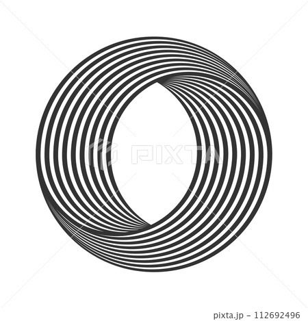 Spherical striped shape isolated on white background. Black and white striped hole or portal. Vortex visual effect. Curvy twisted lines optical illusion. Vector graphic illustration 112692496