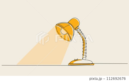 One line continuous desk lamp on white background. Luminous table lamp isolated. Outline vector illustration. One line continuous desk lamp on white background. Luminous table lamp isolated. Outline vector illustration. 112692676