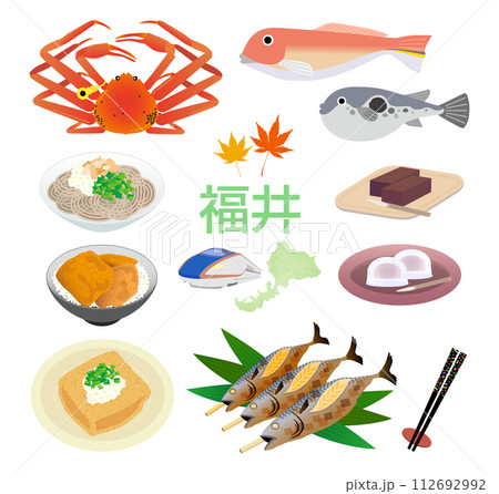 福井のグルメと海産物イラストセット 112692992
