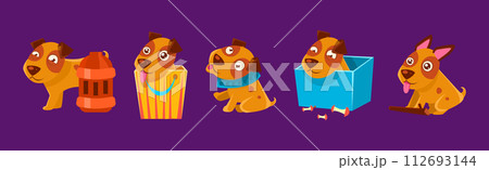 Funny Brown Puppy Dog in Different Activity Vector Set 112693144