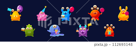 Funny Monster Celebrate Birthday Holiday Vector Set Funny Monster Celebrate Birthday Holiday Vector Set 112693148