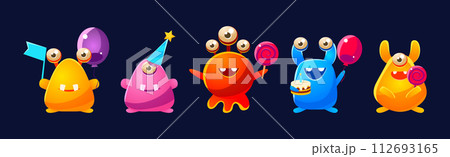 Funny Monster Celebrate Birthday Holiday Vector Set Funny Monster Celebrate Birthday Holiday Vector Set 112693165