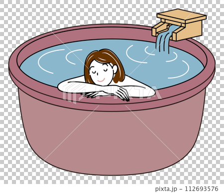 一個可愛的裸體女人在天然溫泉水的露天浴池中享受愉快沐浴的簡單插圖 112693576