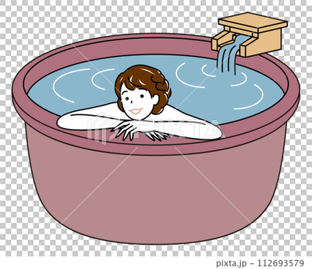 源泉掛け流し温泉の露天風呂で気持ちよさそうに入浴をしている裸の可愛い女性 シンプル イラスト  112693579